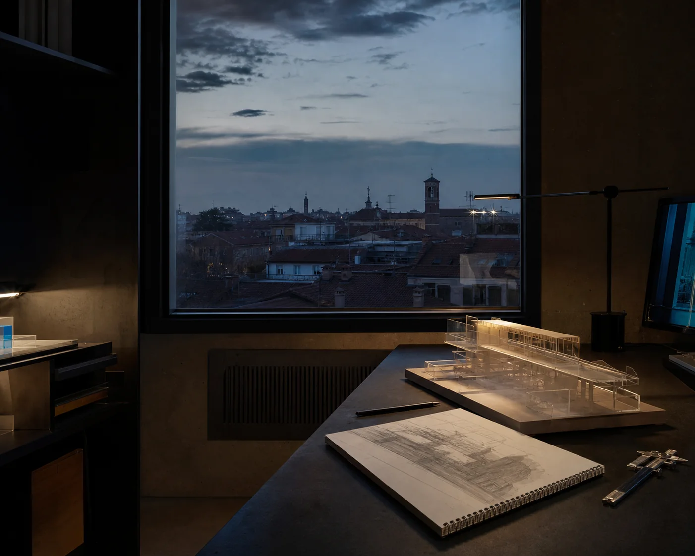 Studio creativo affacciato sui tetti di Monza al tramonto