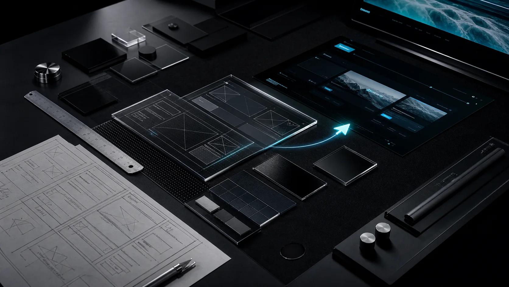 Tavolo di lavoro con wireframe, materiali e interfacce digitali